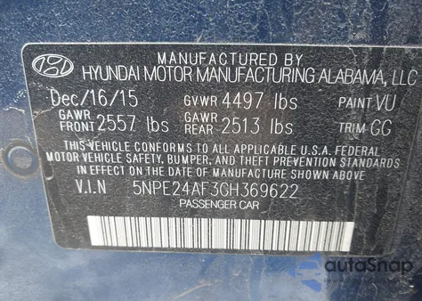 2016 Hyundai Sonata Se from USA, damaged, VIN 5NPE24AF3GH369622